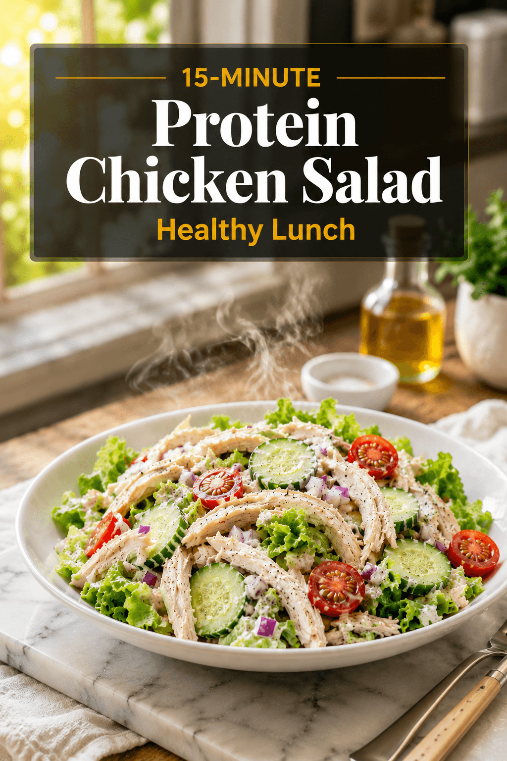 15-Minute Protein Chicken Salad healthy lunch served on a white plate with shredded chicken, lettuce, cucumber, cherry tomatoes, red onion, and creamy yogurt dressing in a bright natural light kitchen.