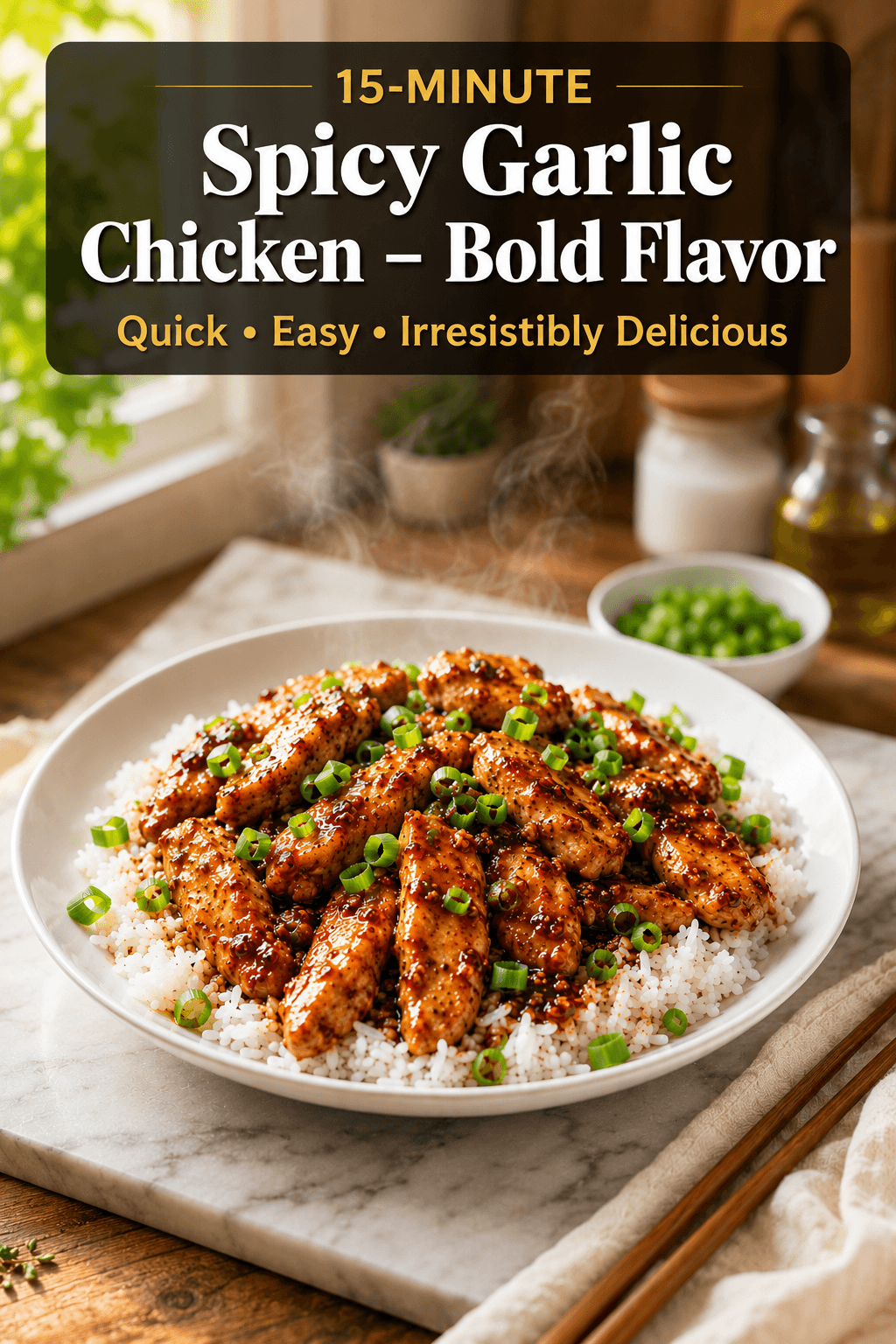 Pinterest food blog poster of 15-Minute Spicy Garlic Chicken served over white rice with glossy spicy garlic sauce, chopped green onions, and warm natural kitchen lighting.