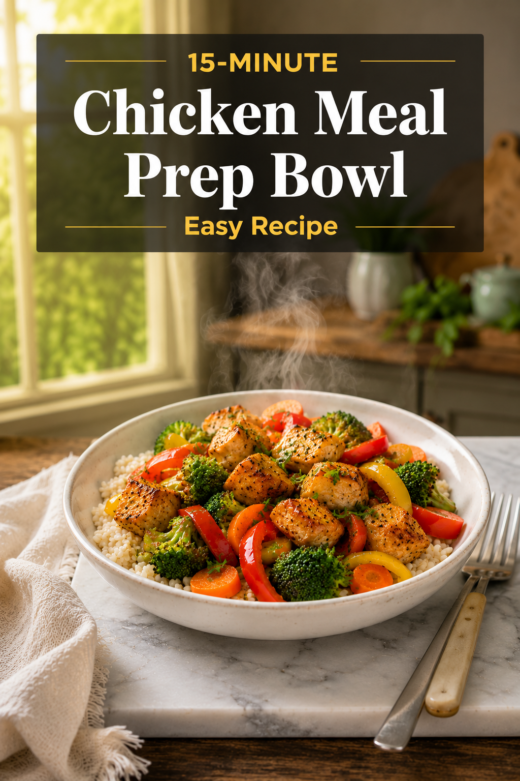 15-Minute Chicken Meal Prep Bowl served on a white plate over a marble slab in a bright modern kitchen, featuring juicy seasoned chicken pieces, colorful bell peppers, broccoli, and grains with visible steam, professional food blog Pinterest poster design.