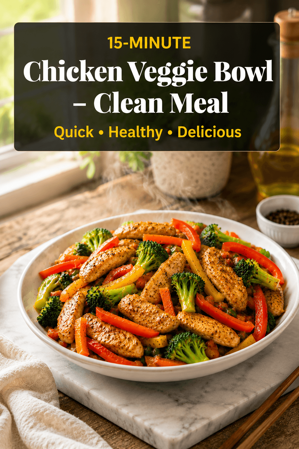 15-Minute Chicken Veggie Bowl Clean Meal served on a white plate with juicy chicken strips, broccoli, carrots, and colorful bell peppers in a bright modern kitchen setting with professional food blog styling.