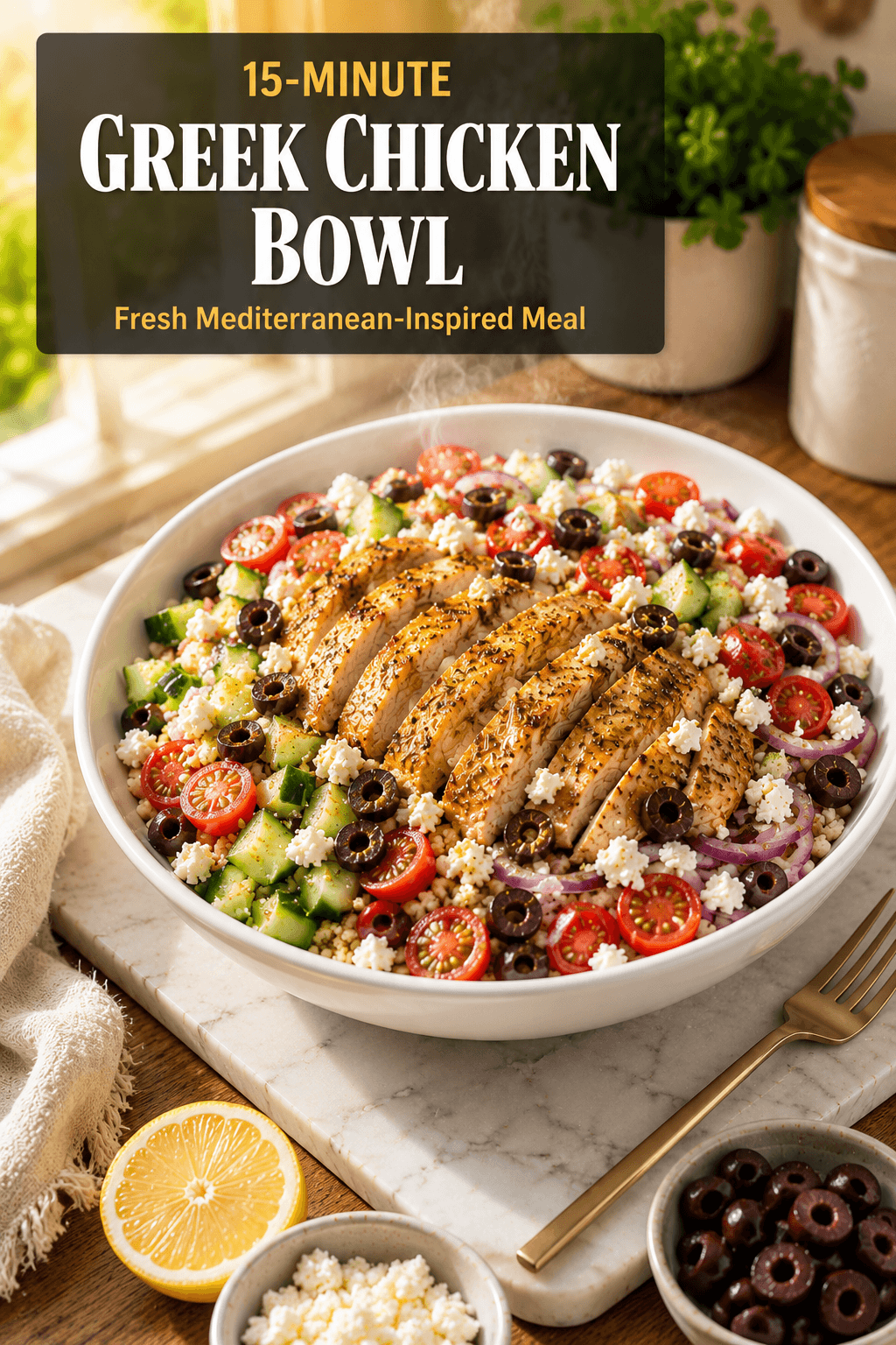 15-Minute Greek Chicken Bowl with sliced chicken breast, quinoa, cucumber, cherry tomatoes, red onion, feta cheese, and olives served in a bright modern kitchen with premium food blog styling.
