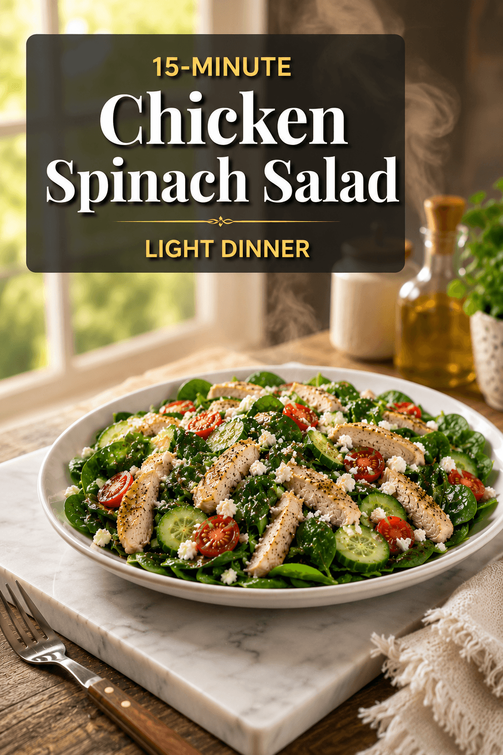 15-Minute Chicken Spinach Salad Light Dinner served on a white plate with fresh spinach, sliced chicken breast, cucumber, cherry tomatoes, feta cheese, and homemade lemon dressing in a bright modern kitchen.