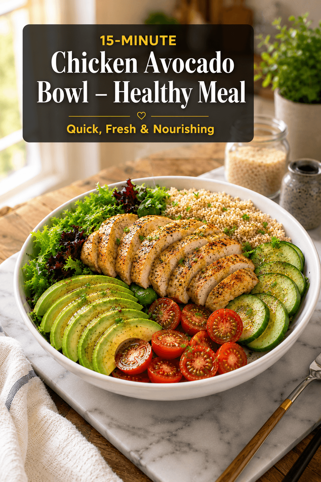 15-Minute Chicken Avocado Bowl with grilled chicken, avocado slices, quinoa, cucumber, cherry tomatoes, and fresh greens served in a healthy meal bowl with bright natural kitchen lighting