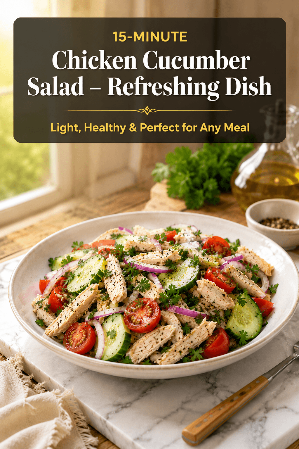 15-Minute Chicken Cucumber Salad with cooked chicken breast, fresh cucumber, cherry tomatoes, red onion, fresh parsley, olive oil, lemon juice, garlic, salt, and black pepper served on a white plate in a bright kitchen.