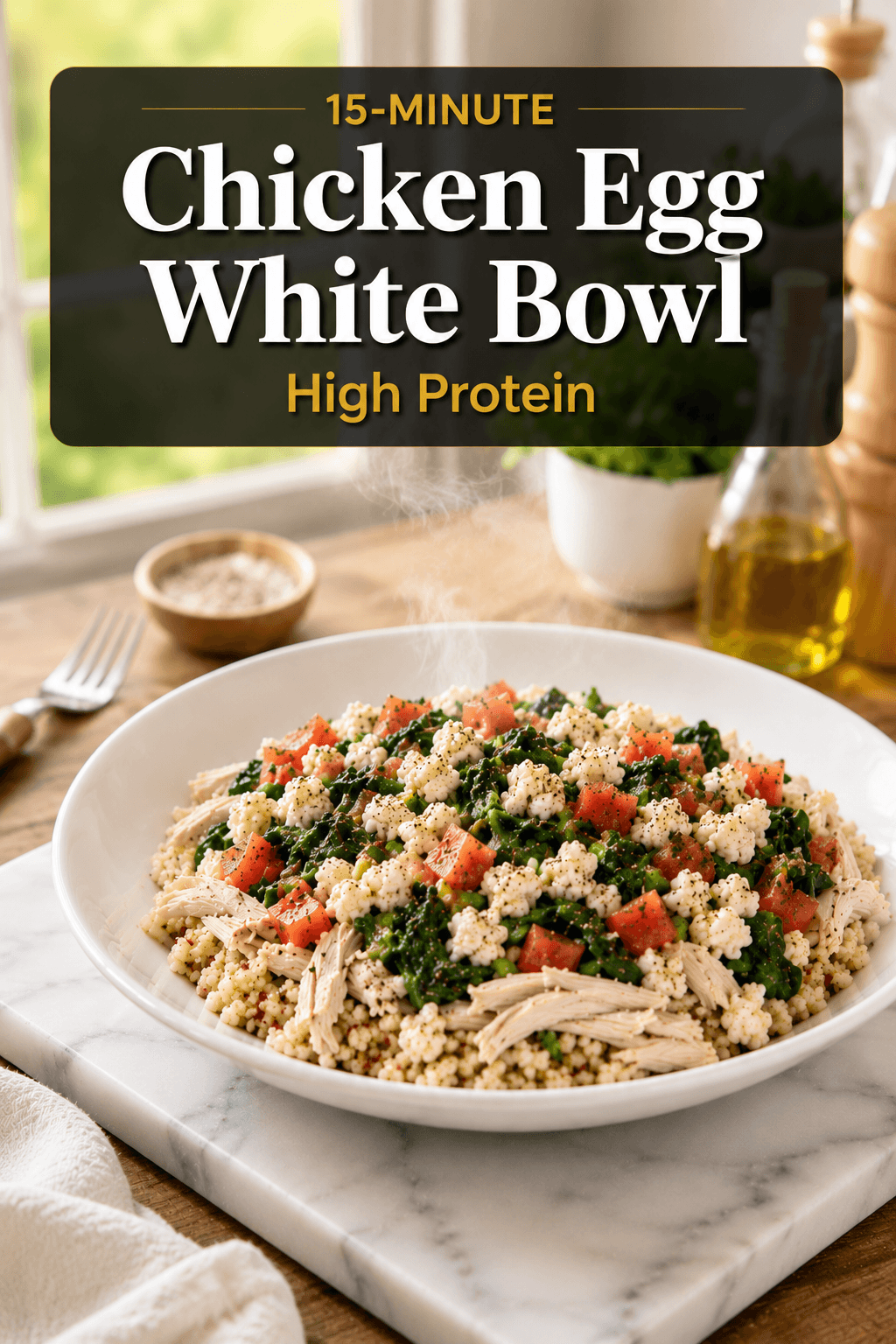 15-Minute Chicken Egg White Bowl High Protein Pinterest pin featuring a healthy bowl with shredded chicken, fluffy egg whites, spinach, tomatoes, and quinoa in a bright modern kitchen setting.