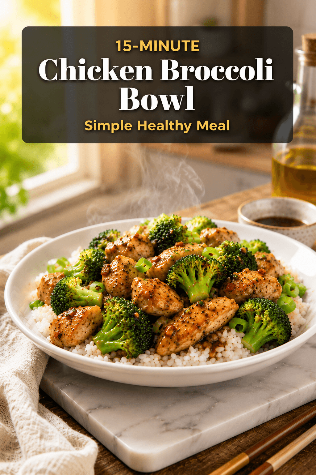 15-Minute Chicken Broccoli Bowl served over rice in a white plate with tender chicken pieces, fresh broccoli florets, and savory sauce, styled on a marble slab in a bright modern kitchen with text overlay.