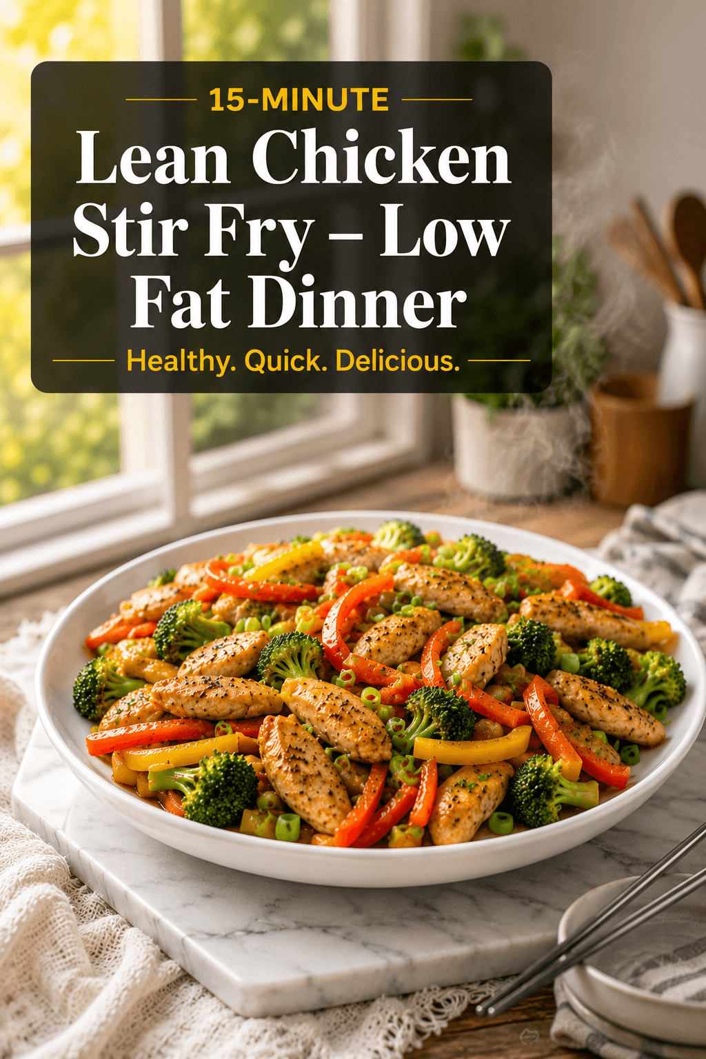 15-Minute Lean Chicken Stir Fry – Low Fat Dinner served on a white plate with juicy chicken breast, broccoli, bell peppers, carrots, and spring onions in a light savory sauce, styled on a marble slab in a bright modern kitchen.