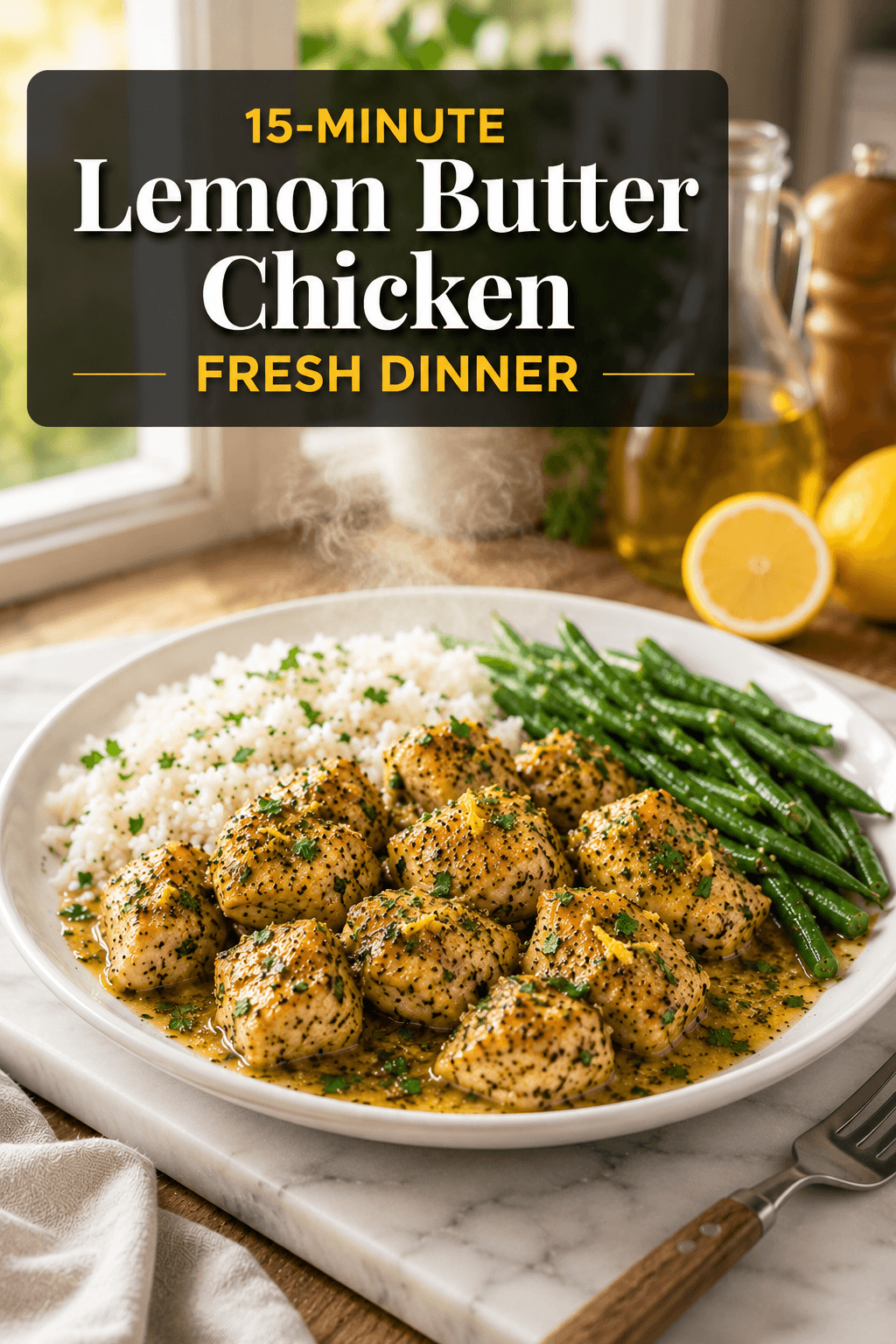 Bright food photography of 15-Minute Lemon Butter Chicken served with rice and green vegetables on a white plate with glossy lemon butter sauce, fresh parsley garnish, and warm natural kitchen lighting.