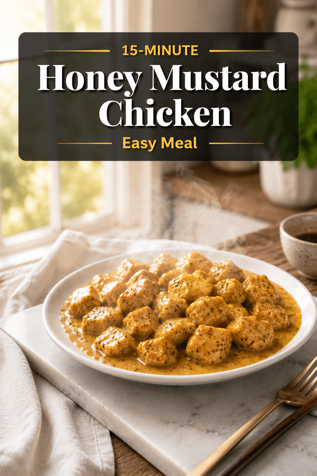 Vertical Pinterest food blog poster featuring glossy honey mustard chicken served on a white plate with creamy golden sauce in a bright modern kitchen with elegant recipe title banner and warm natural lighting.
