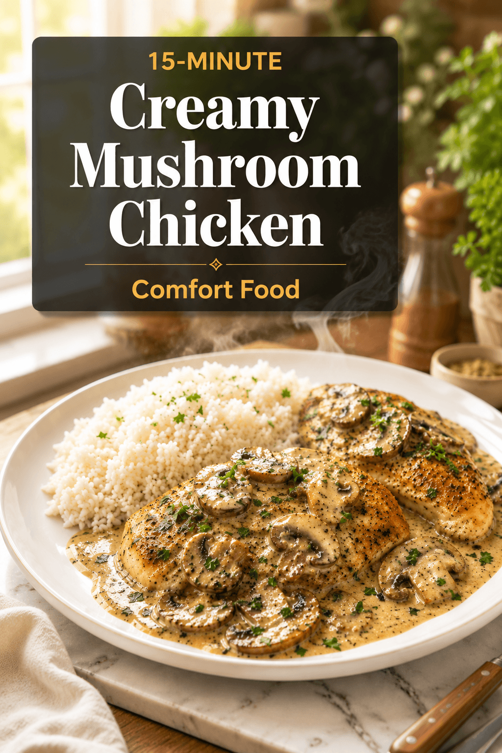 Pinterest food blog poster for 15-Minute Creamy Mushroom Chicken Comfort Food with creamy garlic mushroom sauce over juicy chicken breasts served with rice in a bright modern kitchen setting.