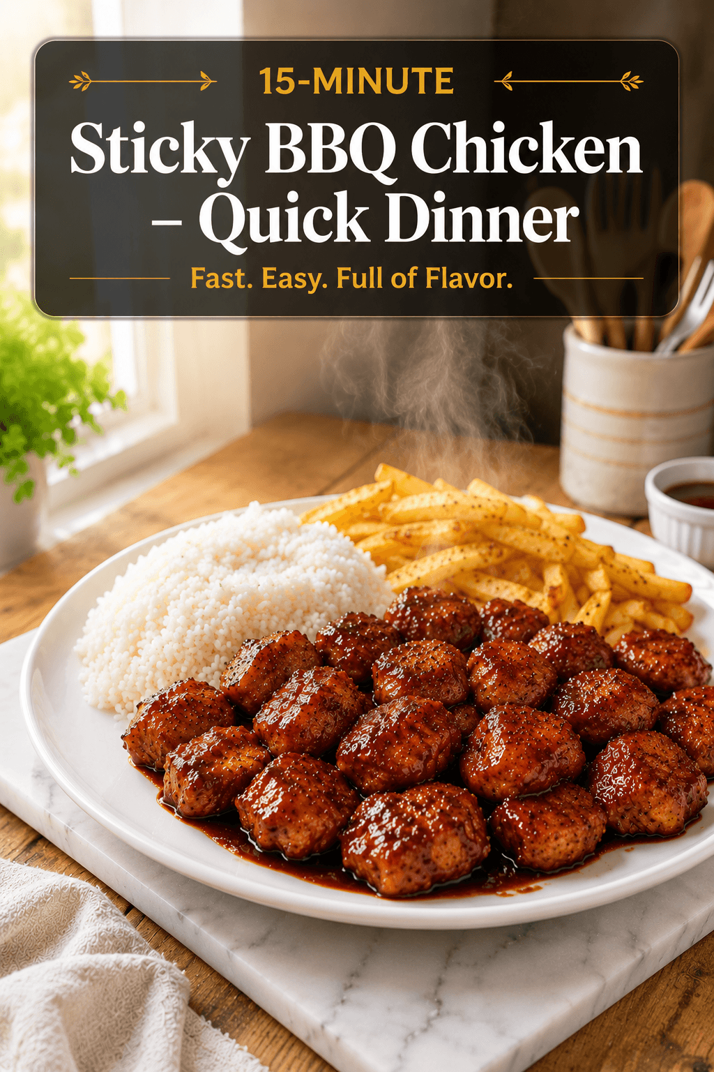 Vertical Pinterest food poster showing sticky BBQ chicken glazed in a rich sauce served with white rice and crispy fries on a white plate in a bright modern kitchen with warm natural light.