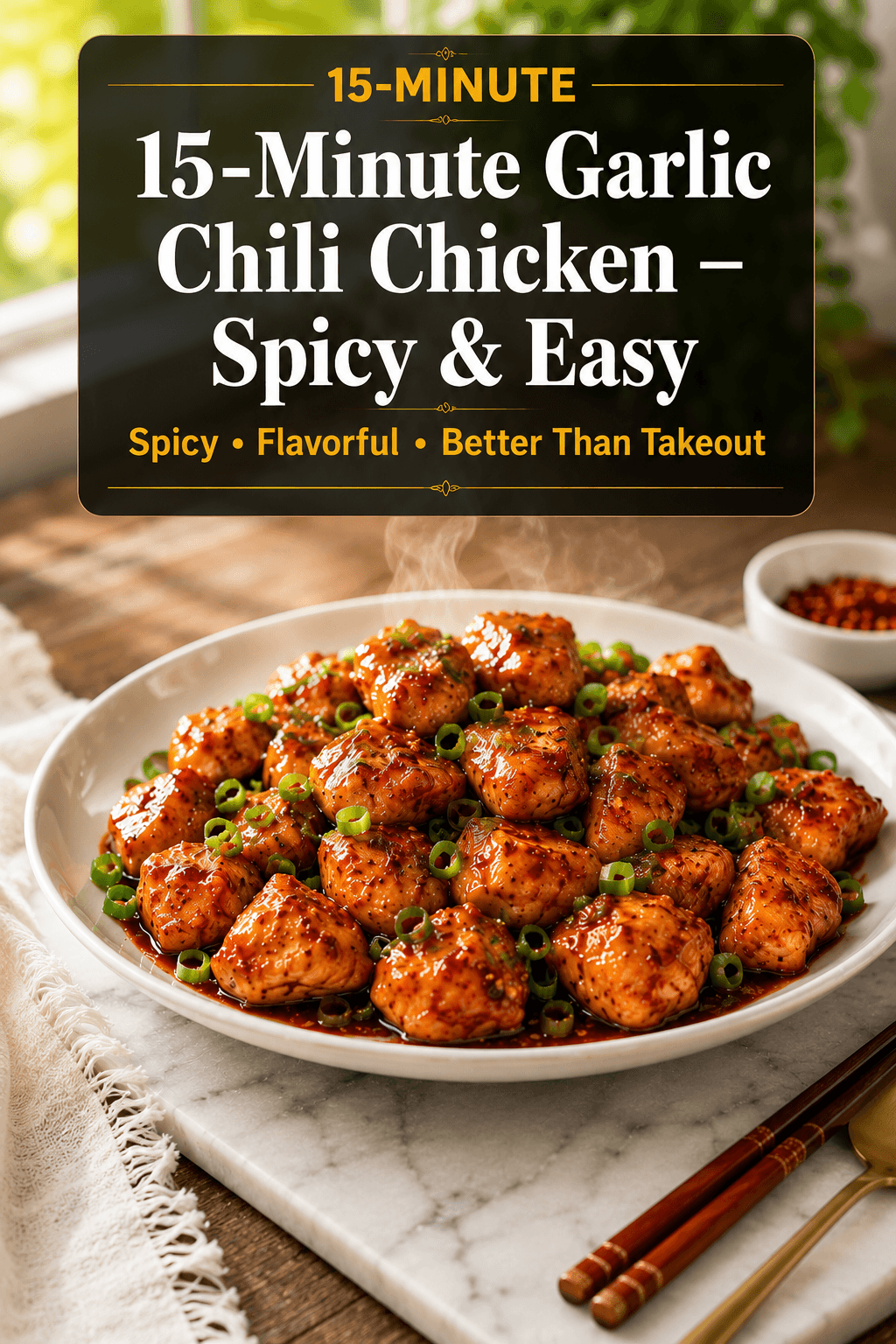 Vertical Pinterest poster of 15-Minute Garlic Chili Chicken with glossy spicy chicken garnished with spring onions on a white plate in a bright modern kitchen with elegant food blog typography.