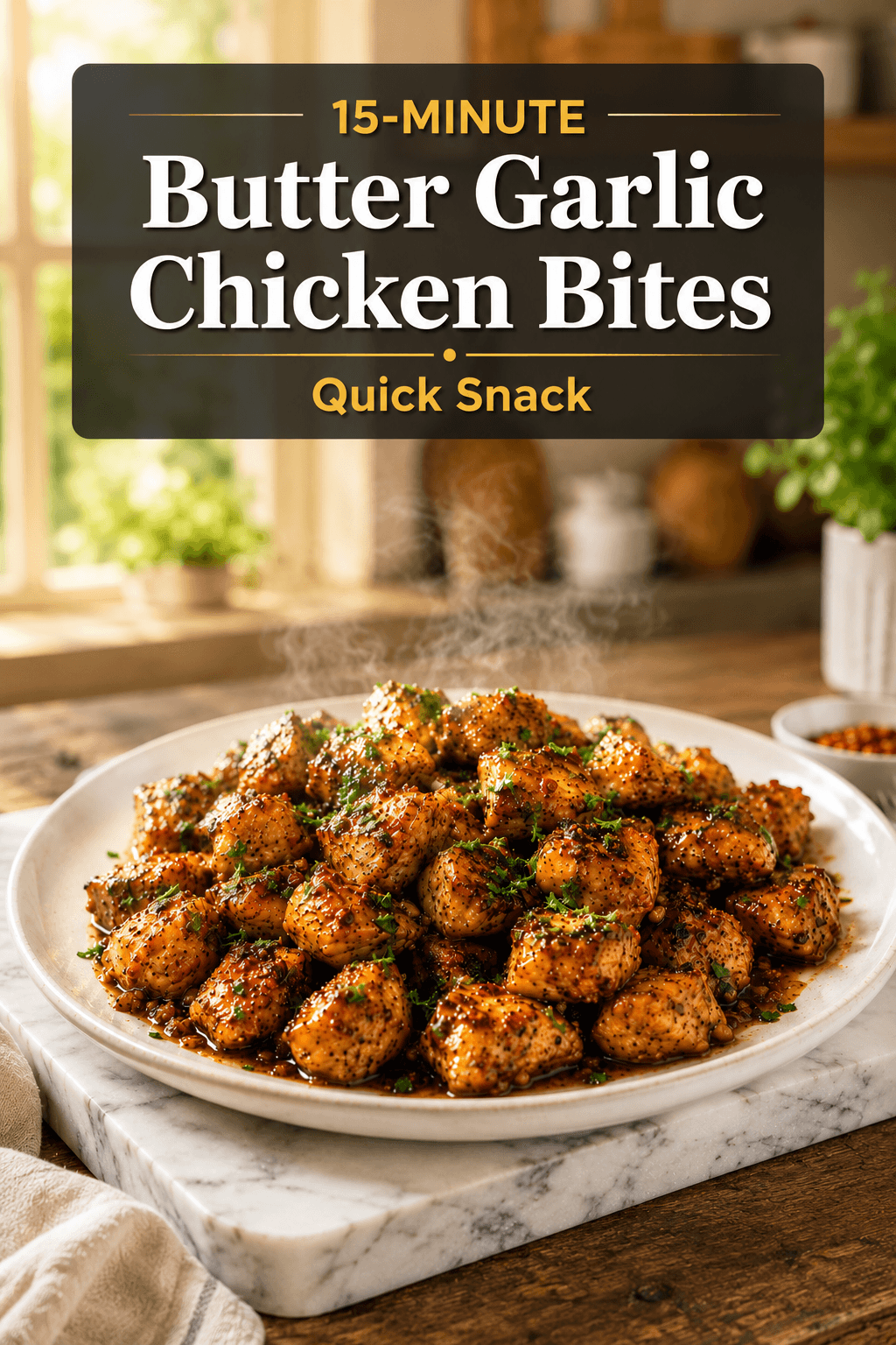 15-Minute Butter Garlic Chicken Bites served on a white plate with glossy garlic butter sauce, fresh parsley, and visible steam in a bright modern kitchen, quick snack recipe Pinterest pin.