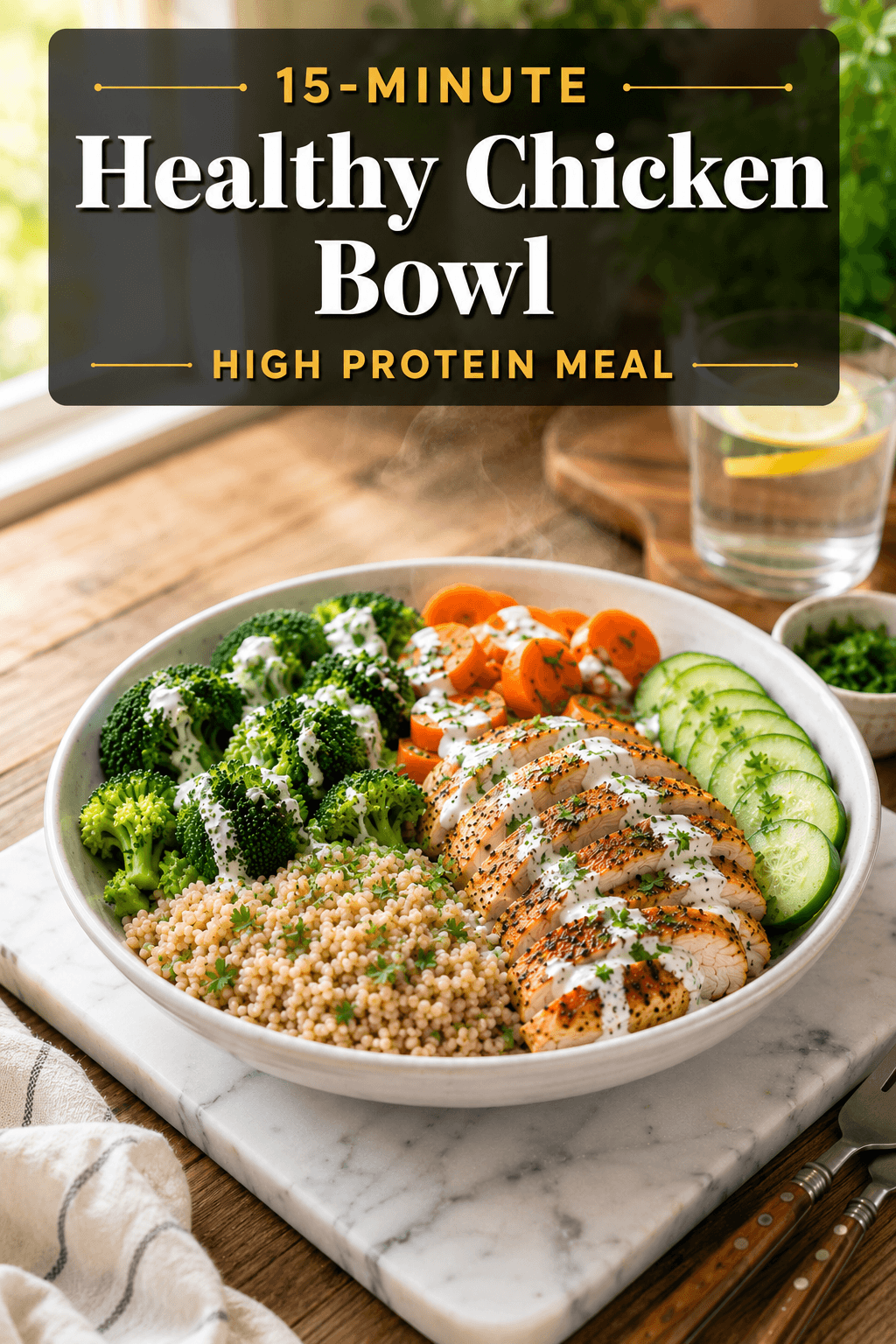 15-Minute Healthy Chicken Bowl with grilled chicken, brown rice, steamed broccoli, carrots, cucumber slices, and creamy yogurt dressing served on a marble slab in a bright modern kitchen.