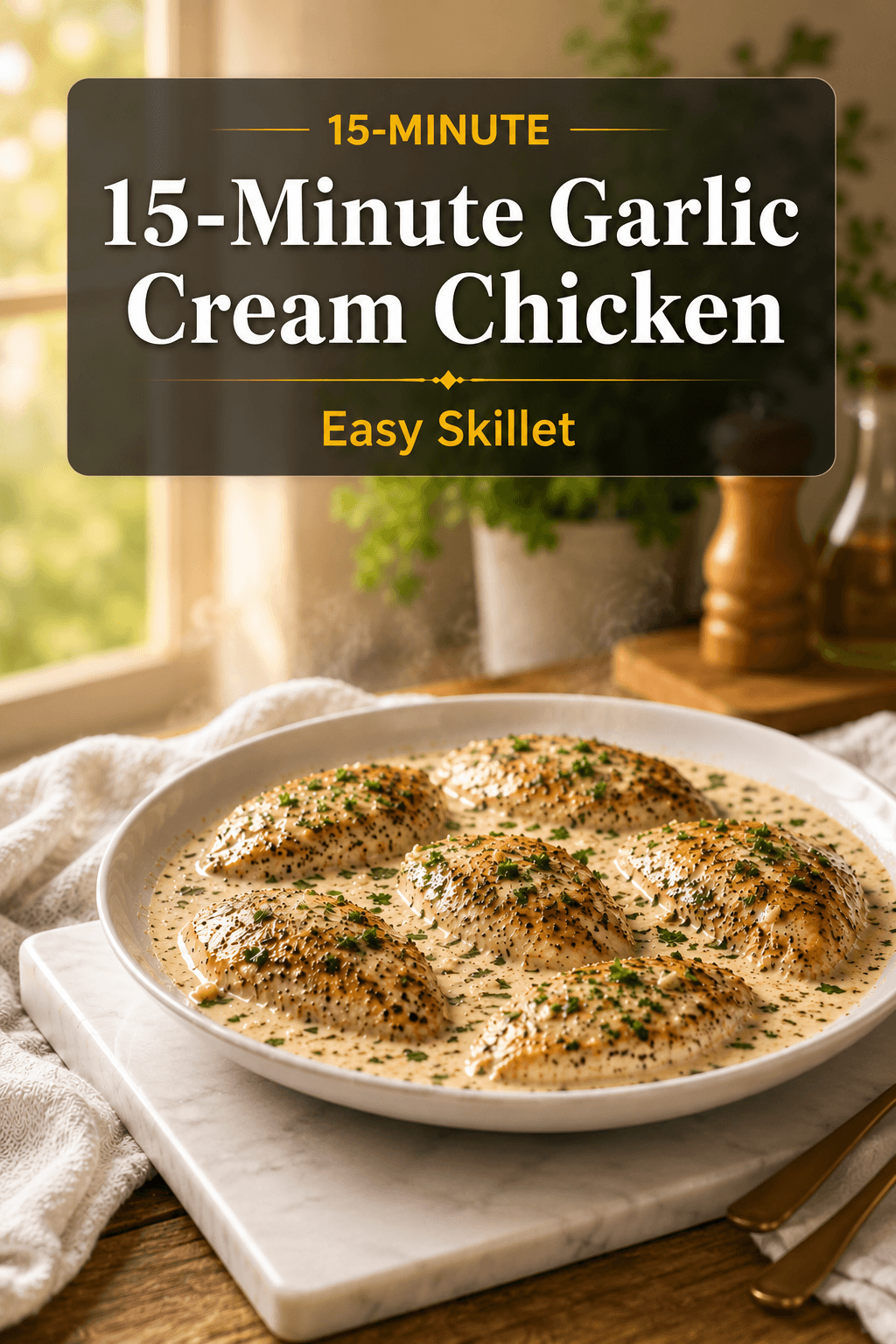 Pinterest style food blog poster featuring creamy garlic chicken in a rich parmesan sauce served on a white plate with warm natural kitchen lighting and elegant recipe title banner.
