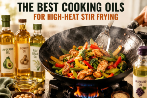 Best oil for stir fry in a hot wok with colorful vegetables and chicken