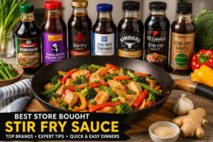 Best store bought stir fry sauce bottles arranged beside a colorful chicken stir fry with fresh vegetables in a wok