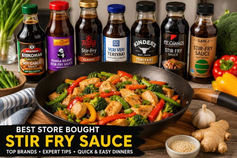 Best store bought stir fry sauce bottles arranged beside a colorful chicken stir fry with fresh vegetables in a wok