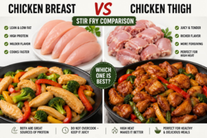 Chicken breast vs chicken thigh stir fry comparison with sliced raw chicken and cooked stir fry
