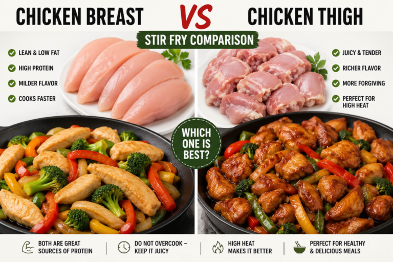 Chicken breast vs chicken thigh stir fry comparison with sliced raw chicken and cooked stir fry