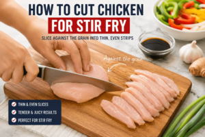 How to cut chicken for stir fry by slicing boneless chicken breast against the grain into thin even strips