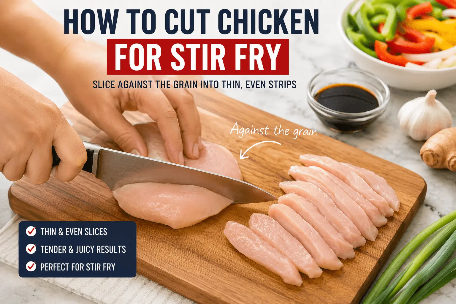 How to cut chicken for stir fry by slicing boneless chicken breast against the grain into thin even strips