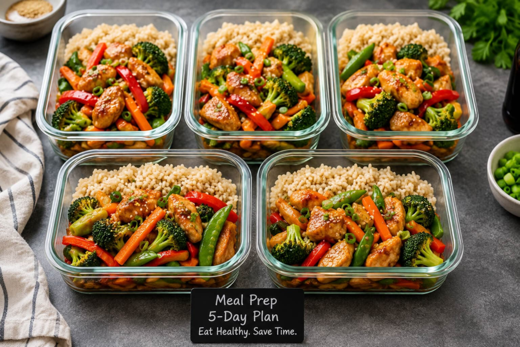Chicken stir fry meal prep prepared in five airtight containers for a busy work week