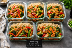Chicken stir fry meal prep prepared in five airtight containers for a busy work week