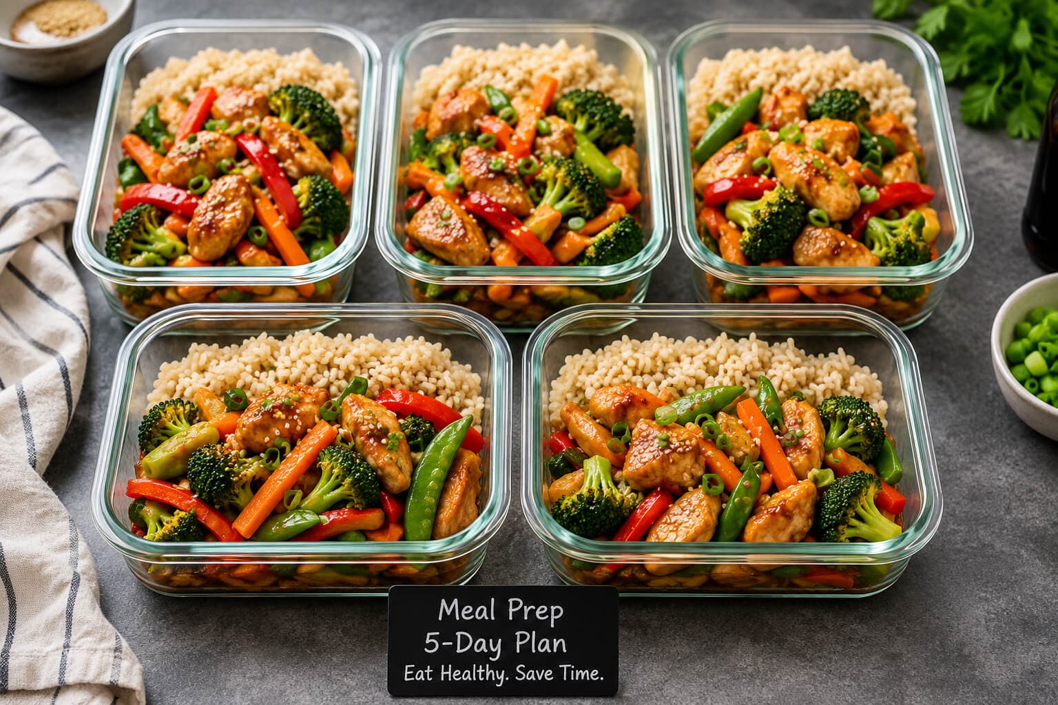 Chicken stir fry meal prep prepared in five airtight containers for a busy work week