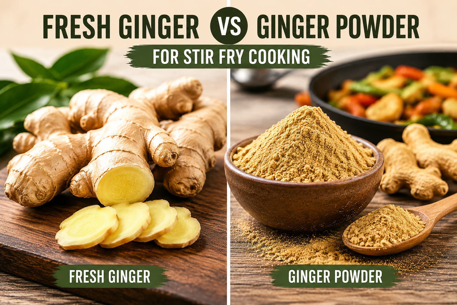 Fresh ginger root and ginger powder side by side for stir fry cooking comparison