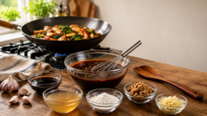 Homemade stir fry sauce in a glass bowl with soy sauce, chicken broth, garlic, brown sugar, cornstarch, and a chicken stir fry in the background