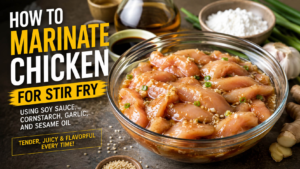 How to marinate chicken for stir fry using soy sauce, cornstarch, garlic, and sesame oil for tender flavorful chicken