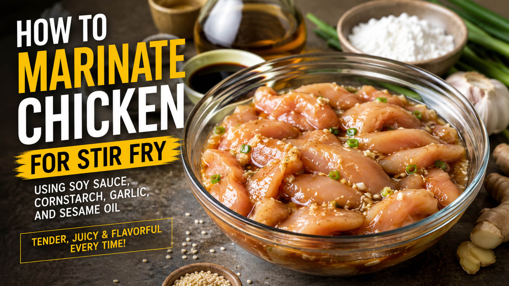 How to marinate chicken for stir fry using soy sauce, cornstarch, garlic, and sesame oil for tender flavorful chicken