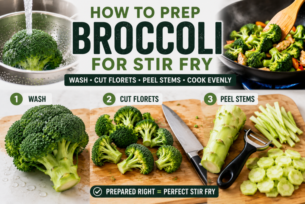 How to prep broccoli for stir fry by washing, cutting florets, and peeling stems for even cooking