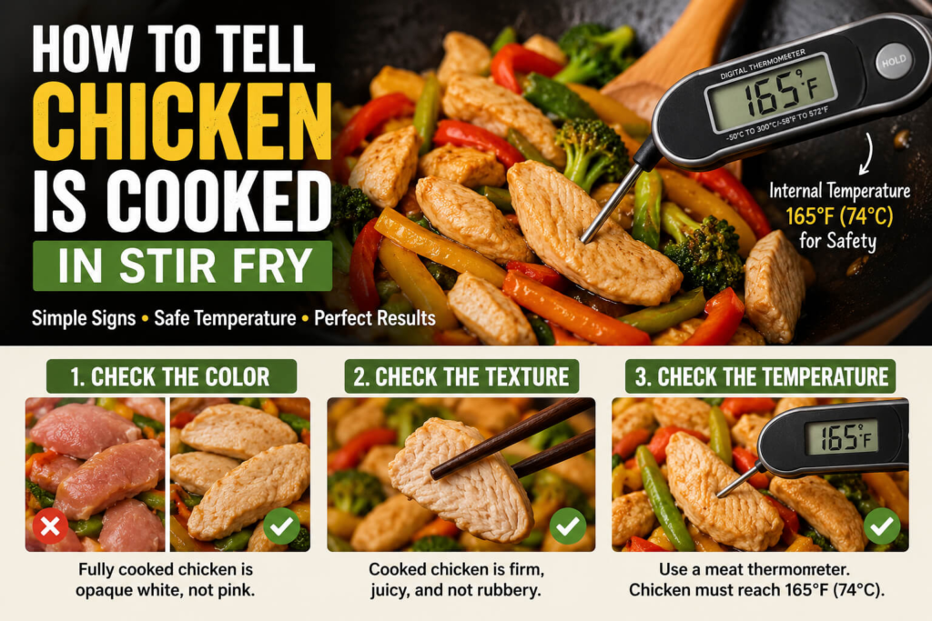 How to tell chicken is cooked in stir fry by checking color, texture, and internal temperature