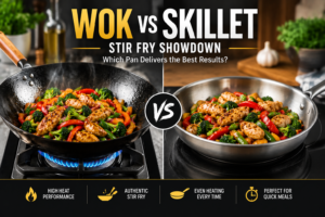 Wok vs skillet stir fry comparison showing a carbon steel wok and stainless steel skillet cooking chicken and vegetables
