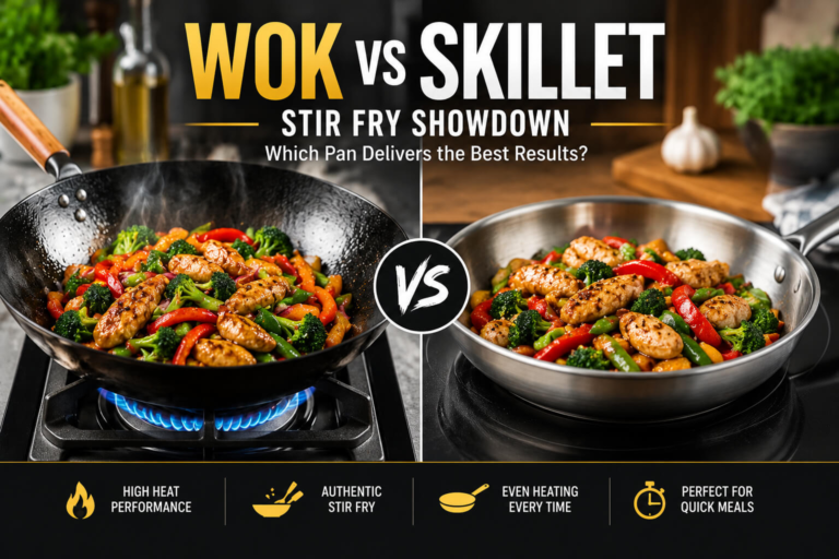 Wok vs skillet stir fry comparison showing a carbon steel wok and stainless steel skillet cooking chicken and vegetables