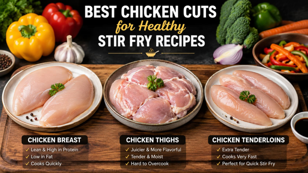 Best chicken cuts stir fry including chicken breast, thighs, and tenderloins arranged with fresh vegetables for healthy stir fry recipes