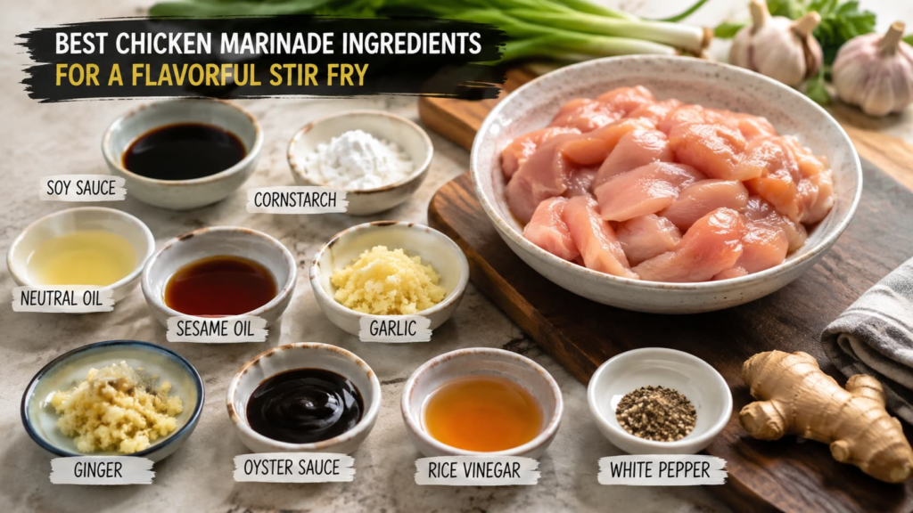 Best chicken marinade ingredients prepared beside fresh chicken for a flavorful stir fry