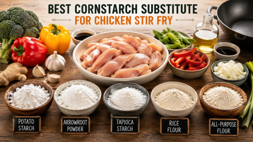 Best cornstarch substitute stir fry options including potato starch arrowroot tapioca and flour beside fresh chicken and vegetables
