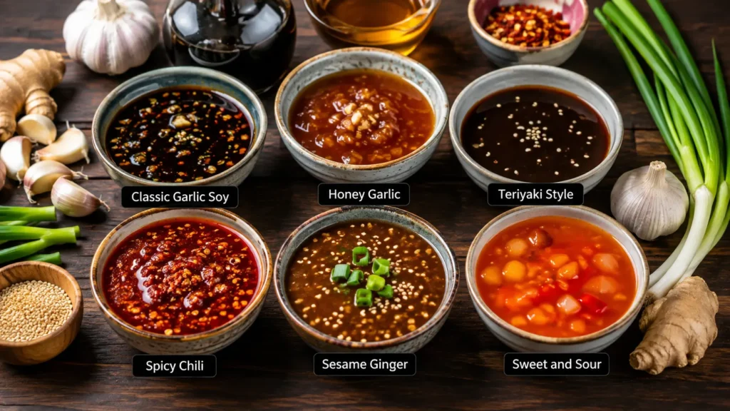 Best homemade stir fry sauce variations with classic garlic honey spicy and teriyaki sauces served in small bowls