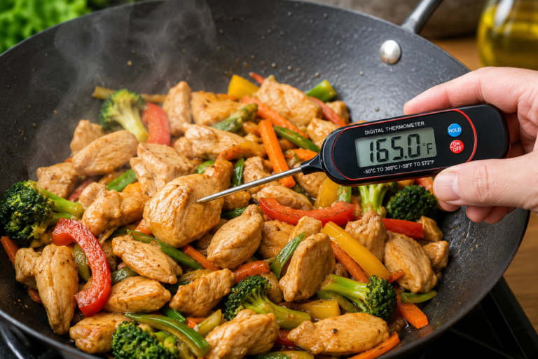 Checking the chicken stir fry temperature with a digital meat thermometer while cooking