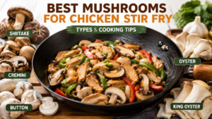 Best mushrooms for chicken stir fry including shiitake cremini button oyster and king oyster mushrooms with sliced chicken in a wok