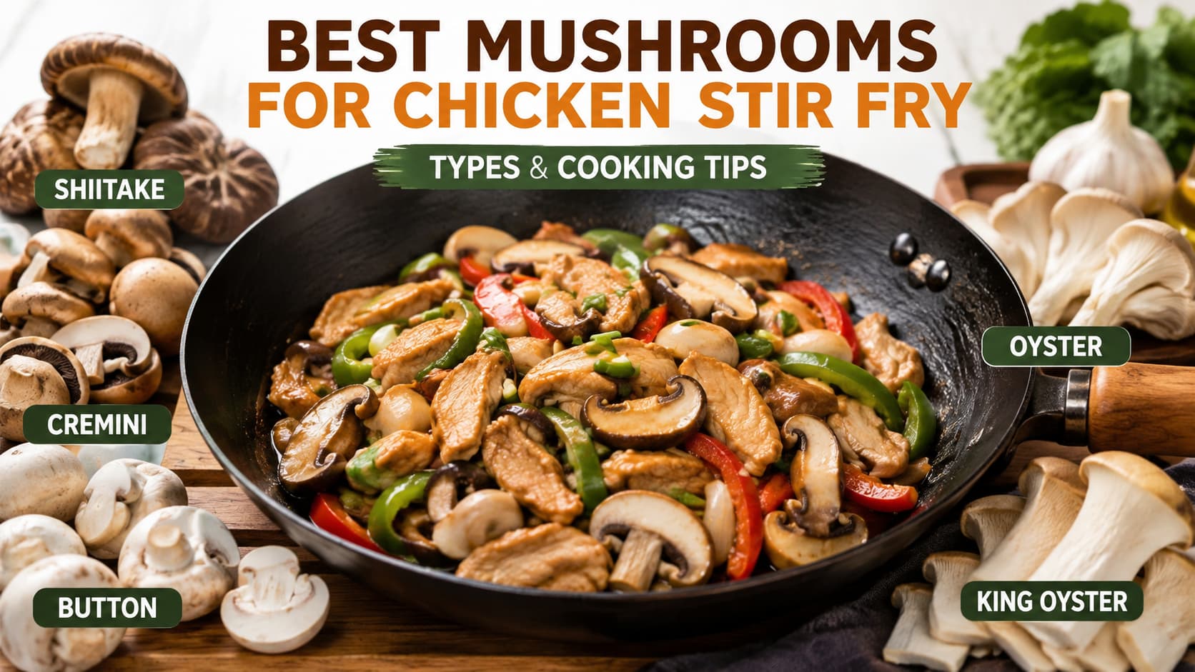 Best mushrooms for chicken stir fry including shiitake cremini button oyster and king oyster mushrooms with sliced chicken in a wok