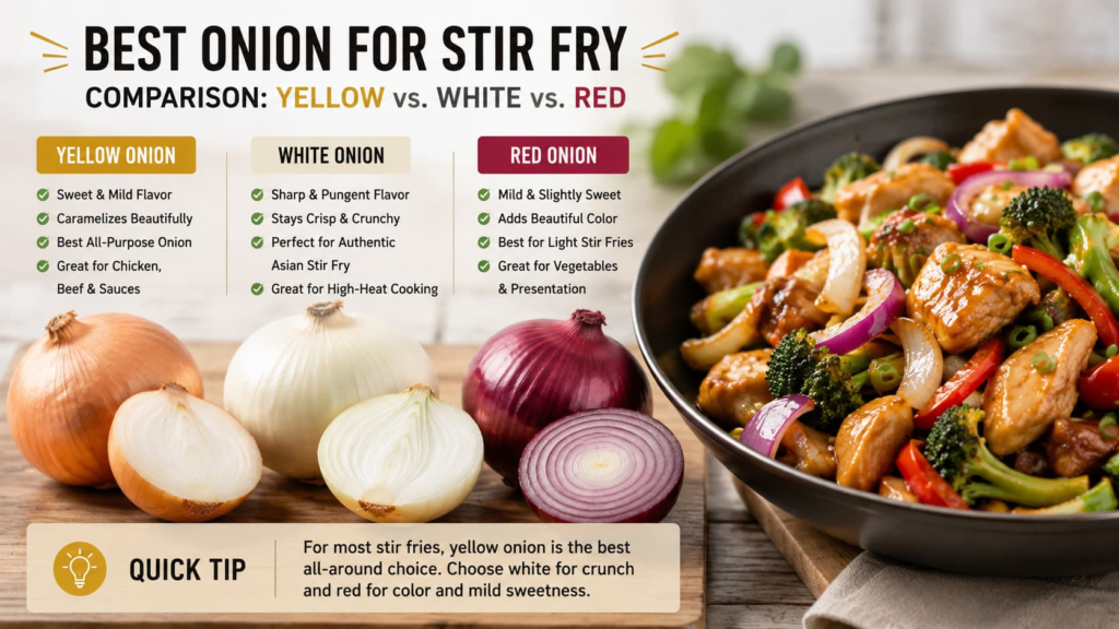Best onion for stir fry comparison showing yellow white and red onions beside a homemade chicken stir fry