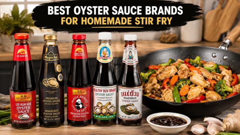 Best oyster sauce brands lined up beside a homemade chicken stir fry in a wok