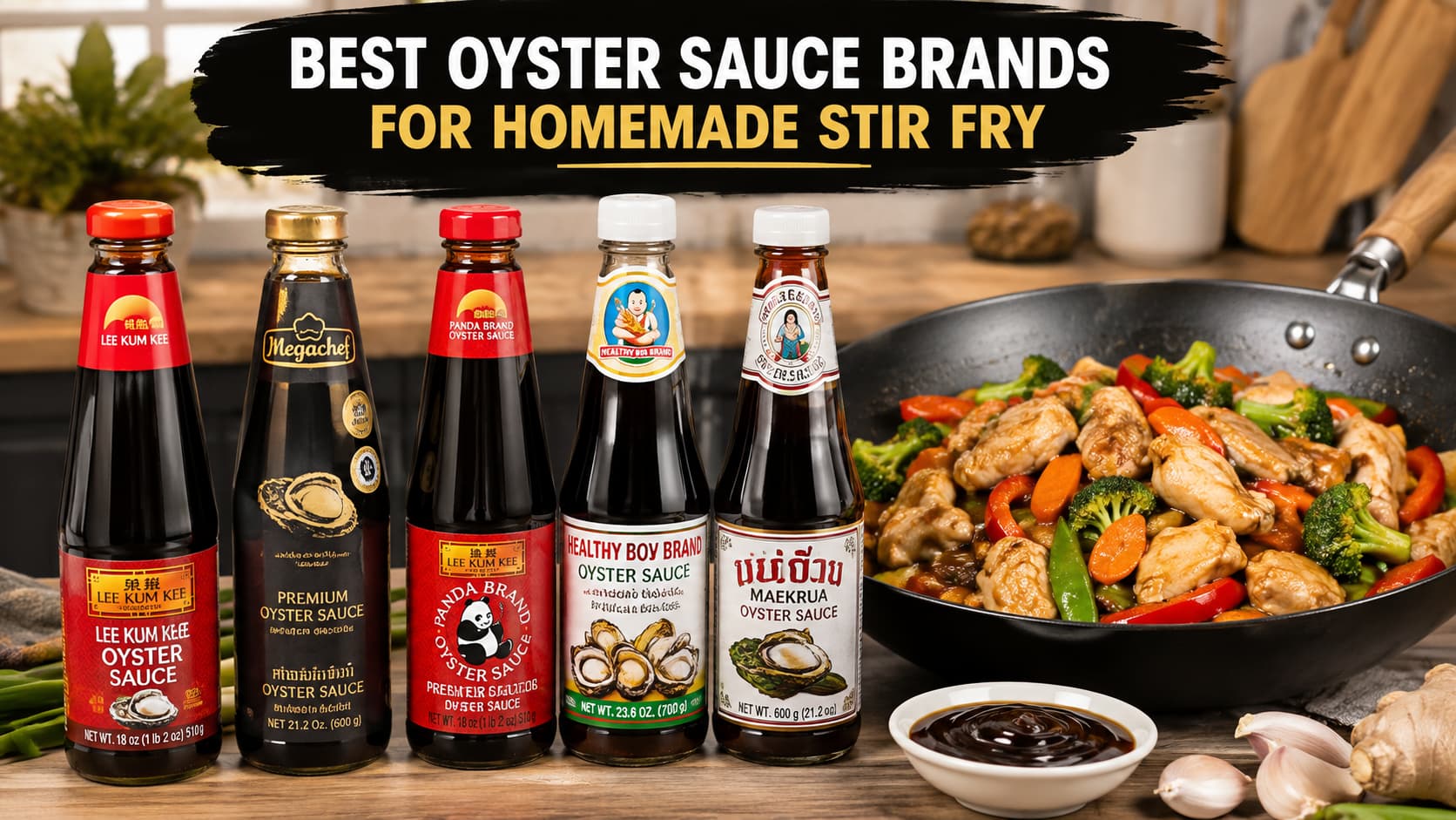 Best oyster sauce brands lined up beside a homemade chicken stir fry in a wok
