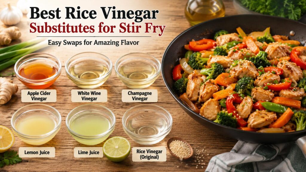 Best rice vinegar substitutes stir fry including apple cider vinegar, white wine vinegar, and lemon juice beside a chicken stir fry