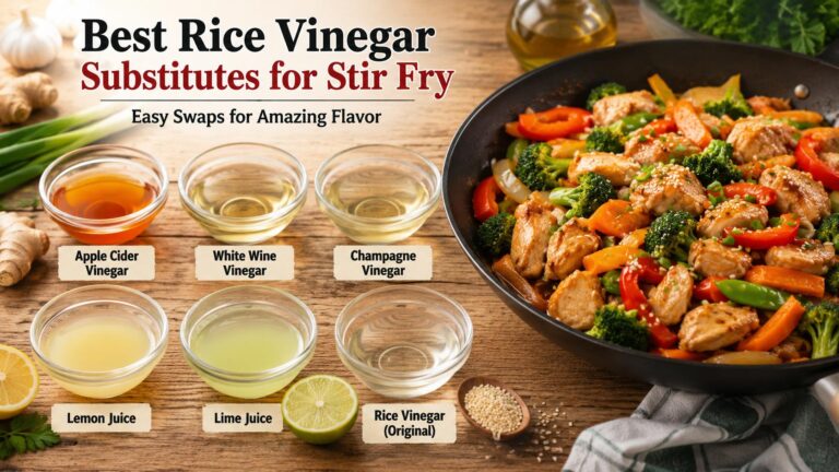 Best rice vinegar substitutes stir fry including apple cider vinegar, white wine vinegar, and lemon juice beside a chicken stir fry