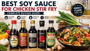 Best soy sauce for chicken stir fry with popular soy sauce bottles, fresh vegetables, and cooked chicken stir fry